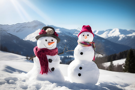 冬季山坡上的雪人背景图片