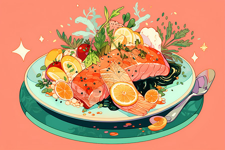 鱼肉卡通盘子里的鱼肉插画