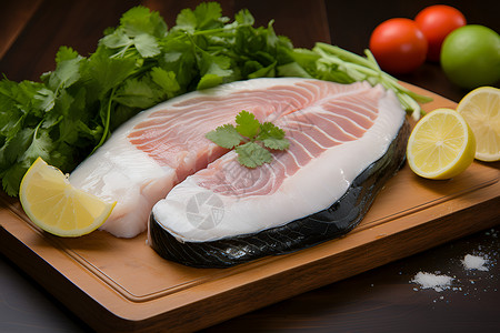 菜板上新鲜的鱼肉背景图片