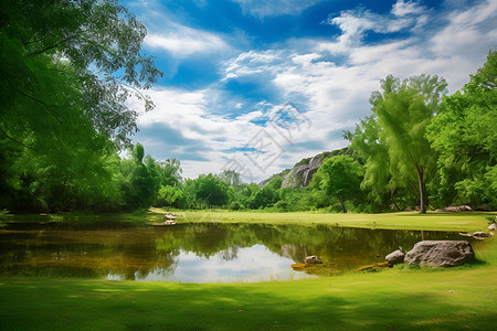绿色树林中的河流背景图片