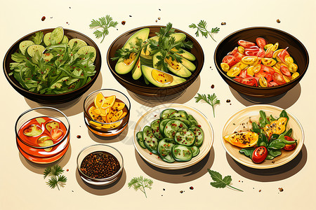 海苔蔬菜沙拉营养搭配的餐饮插画