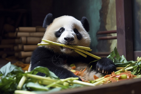 呆萌大熊猫正在吃竹子的大熊猫背景