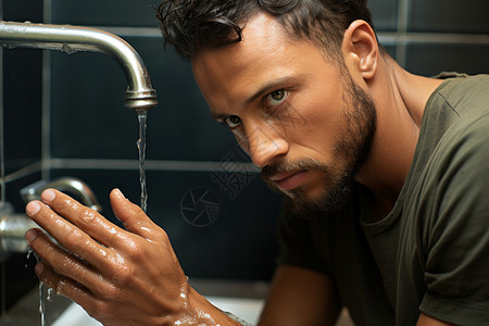 清晨洗手的男子背景图片