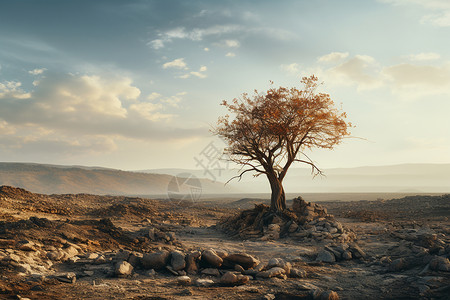 沙漠树木枯萎的荒漠树木插画