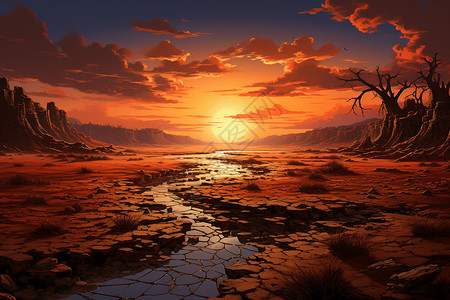 日落下干旱的土壤背景图片