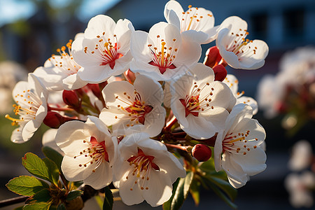 春季花园绽放的樱花花朵背景图片