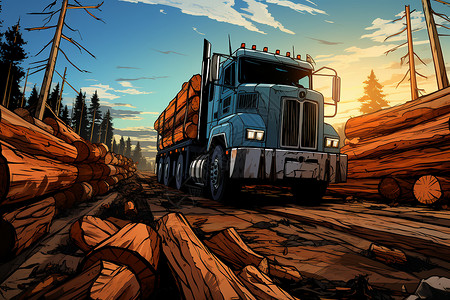 原木材工业木材加工厂的运输车辆插画