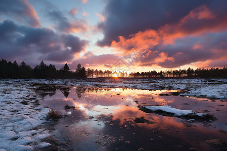 冰湖映天夕阳苍松的美丽景观背景