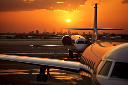 日落时机场中的运输客机背景图片