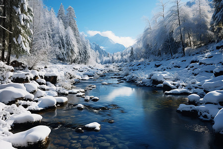 户外溪流中的白雪高清图片