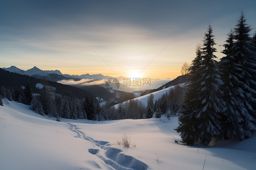 雪山下的林间日落图片