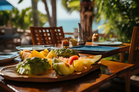 海边食物素材海边餐桌上的美食背景