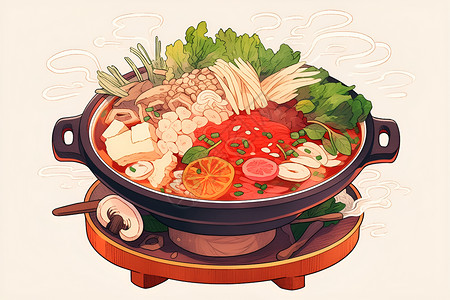 锅里蔬菜锅中的美食盛宴插画