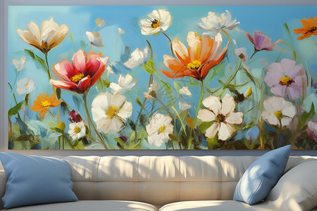 沙发上方的花朵绘画背景图片