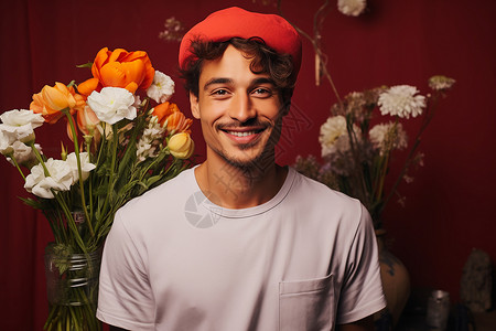 红帽男子与鲜花背景图片