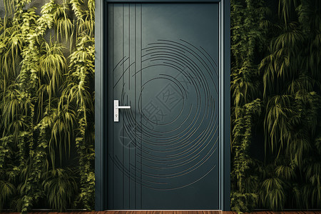 房间门锁绿色植物背景下的门设计图片