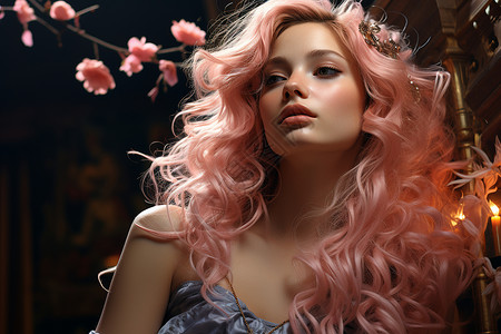 室内高雅的粉色头发女孩背景图片