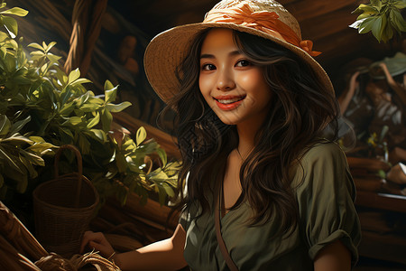 茶园中开心的女孩绘画背景图片