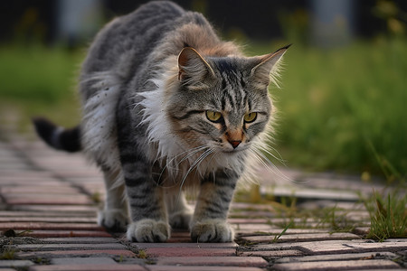石路上的宠物猫咪背景图片