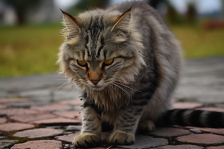 石路上的可爱猫咪背景图片