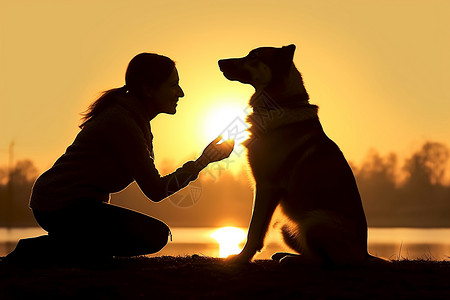 狗剪影夕阳下的女性和狗狗背景