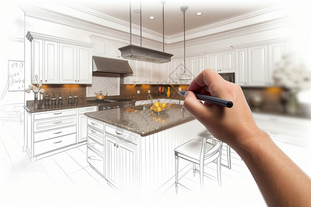 绘画图纸简约的厨房设计图纸插画