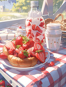 餐桌上的草莓餐桌上的甜点插画