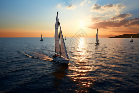帆船海洋素材日落海洋中的帆船群背景