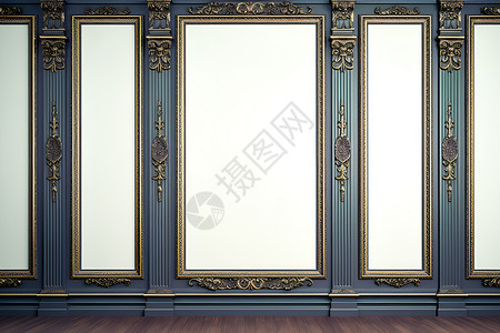 方形古典纹样木地板上带镜子的房间背景