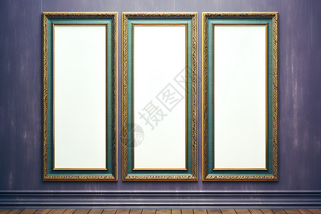 三幅画框与木质地板背景图片