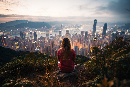 夜晚女子独坐山巅背景图片