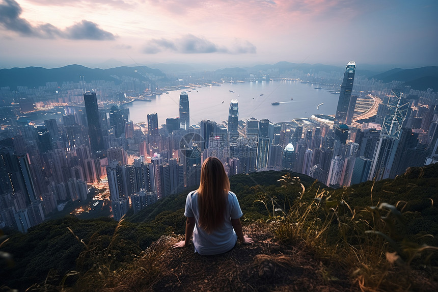 女子独坐山顶俯瞰城市与湖泊图片