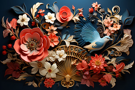 扇子上的鸟儿和花卉艺术品背景图片