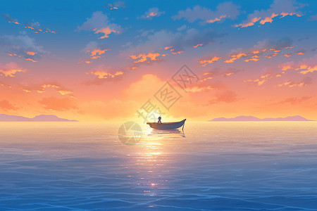 广阔大海海上的小船插画