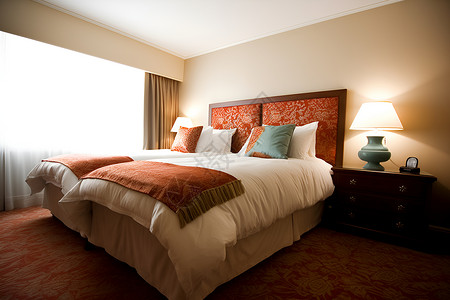 酒店台灯温馨卧室里的床背景