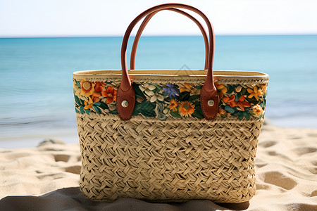 海滩上的草编手提包背景图片