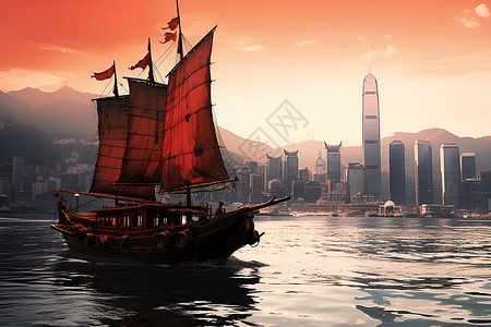 夕阳下的红帆船背景图片