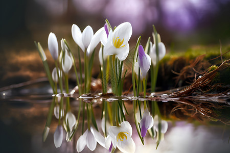 湖畔的花朵背景图片