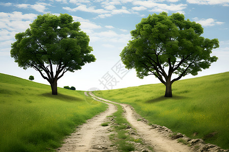 翠绿山坡下的小路背景图片