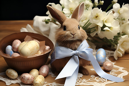 拉着彩蛋的兔子兔子系着丝带背景
