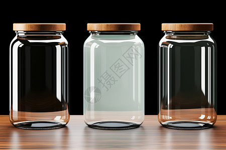 木桌上的玻璃罐背景图片