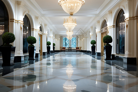 大瓷砖豪华酒店大厅里的水晶吊灯背景