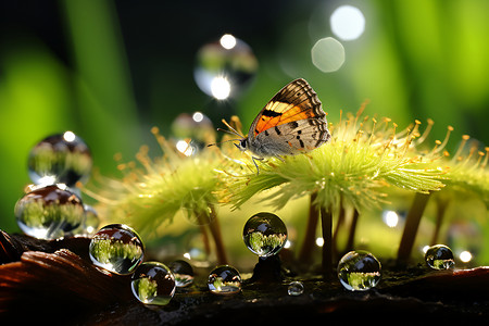 蝴蝶鲜花下的露珠背景图片