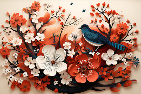 3D剪纸风的鸟语花香插图背景图片