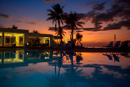 夕阳下的泳池背景图片
