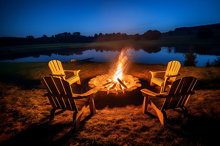 夜幕下的湖畔篝火背景图片