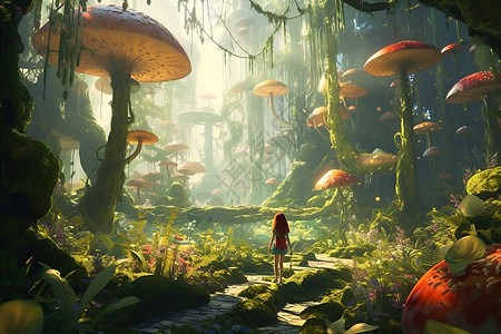 森林里的蘑菇蘑菇森林里的女孩插画