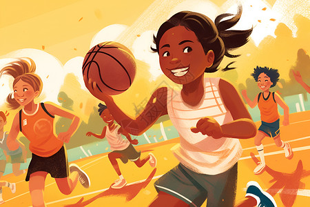 体育课堂篮球场上的女孩子插画
