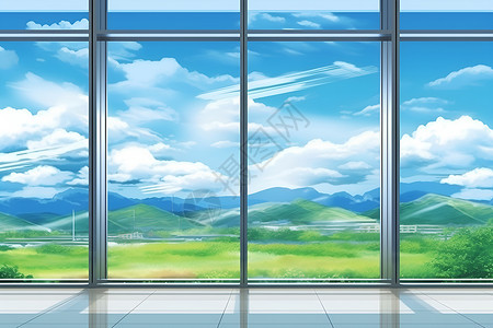 窗外蓝天落地窗外的草地插画