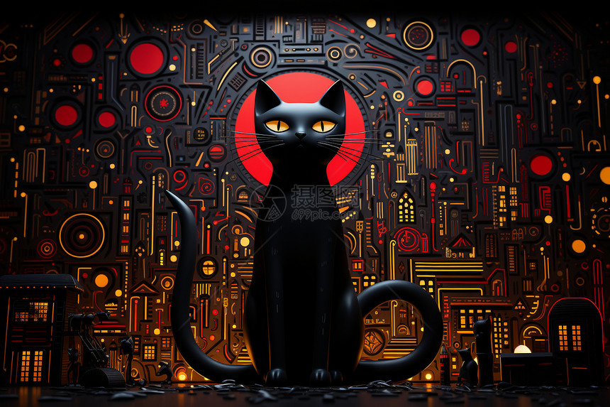 神秘背景里的黑色猫咪图片